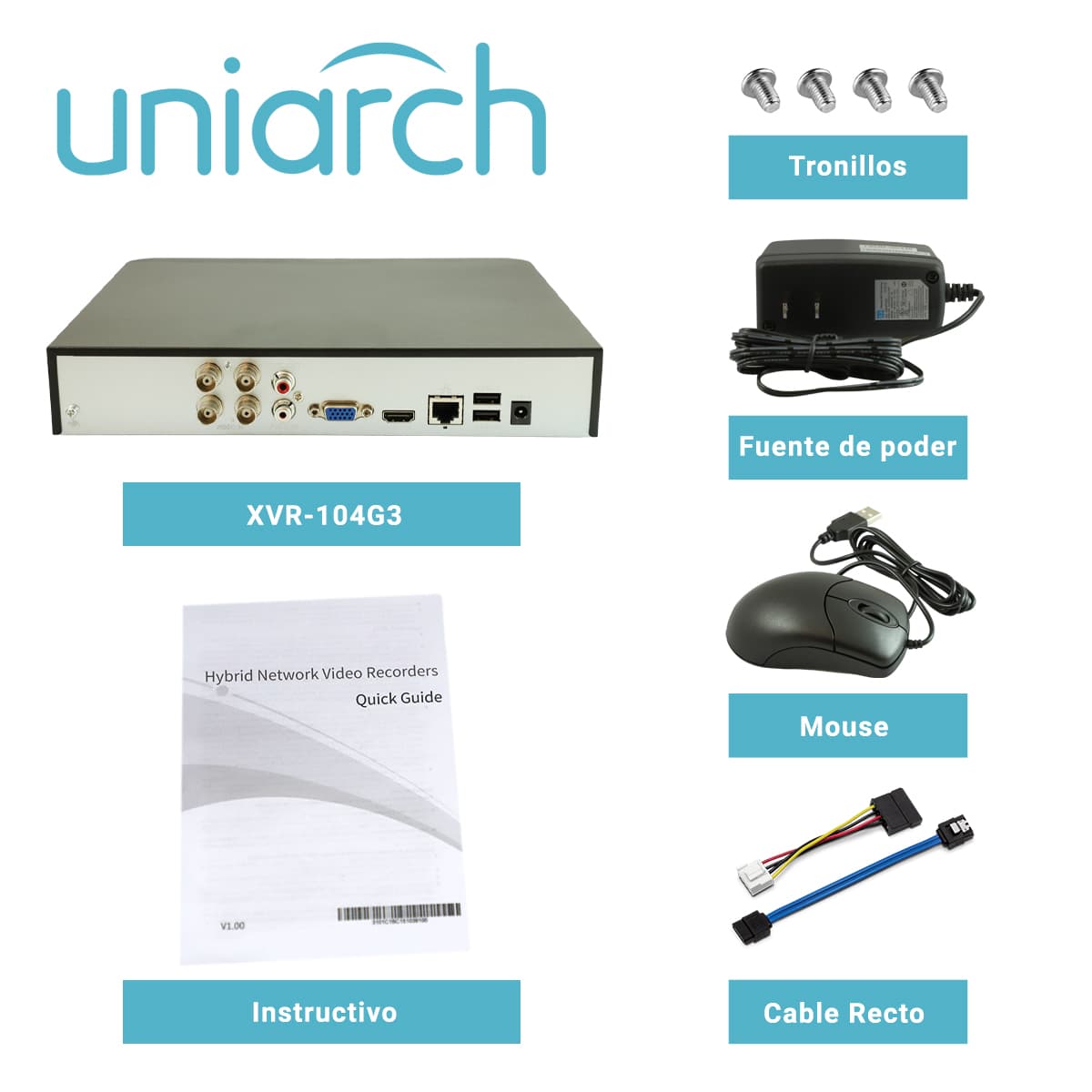 DVR PENTAHIBRIDO UNIARCH XVR-104G3 / 4 CANALES ANALOGICOS (HASTA 5MP A 20 FPS) / AHD / TVI / CV/ IP / 2 CANALES IP (HASTA 4 MP) / CAPACIDAD DE 1 DISCO DURO DE 8 TB / AUDIO ENTRADA/SALIDA / SALIDA VGA/HDMI SIMULTANEA / P2P (EZCLOUD) / ONVIF/ CARCASA M - Miniatura 5
