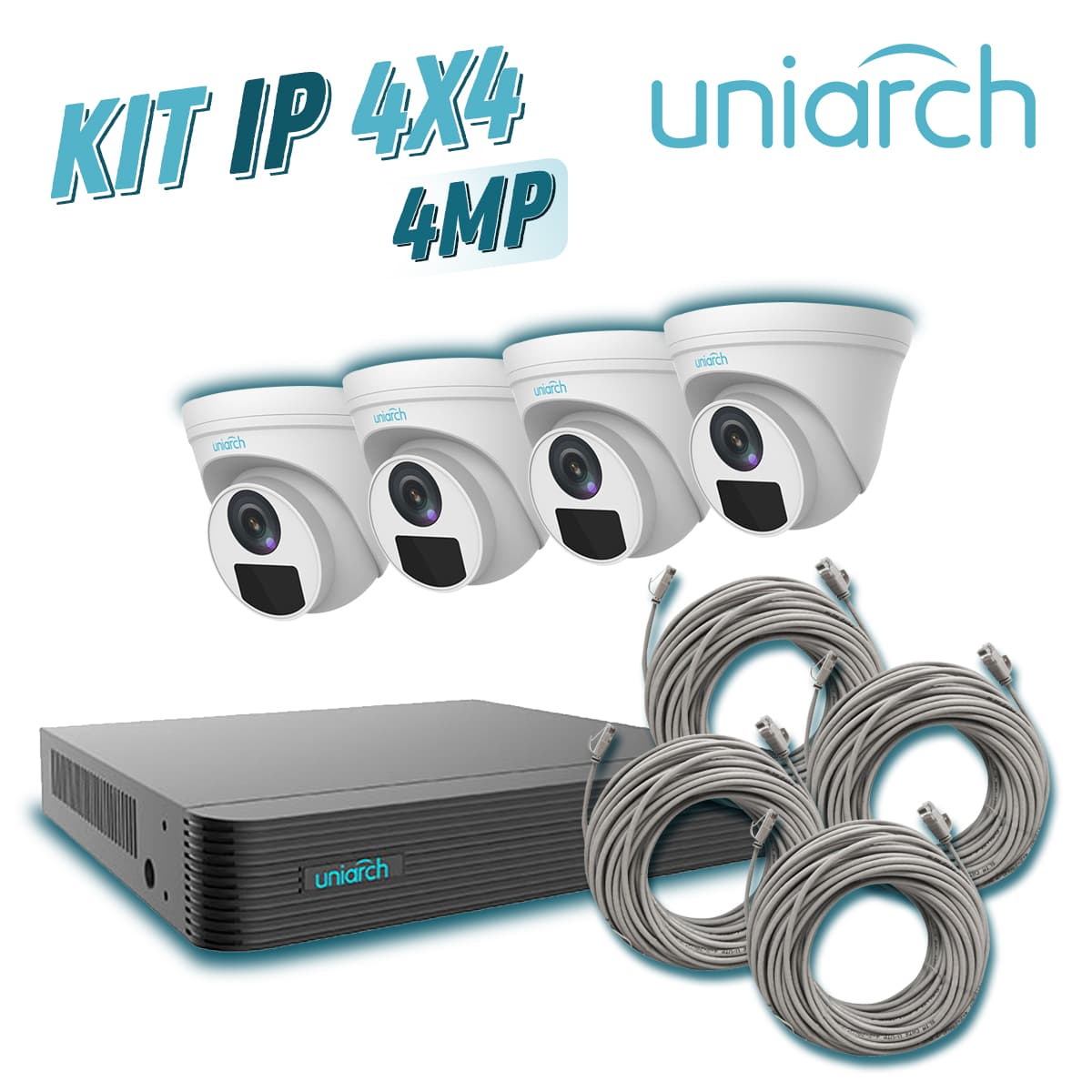 KIT 4X4 UNIARCH IP TURRET INTERIOR / EXTERIOR 4MP 1080P INCLUYE 1 NVR POE 4PTOS + 4 CAM TURRET IP 4MP 2.8MM SLOT MICROSD + 4 CABLES PREPONCHADOS DE 18MTS - Miniatura 2