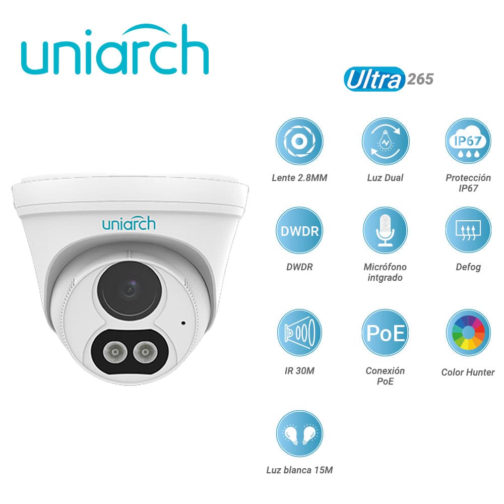 CAMARA IP TURRET UNIARCH IPC-T213-APF28W / 3MP / ULTRA 265 / LENTE 2.8 MM / LUZ DUAL / IP67 / DWDR / MICROFONO INTEGRADO / DIGITAL DEFOG / IR 30M / POE / 12VCD / 3 AXIS / COLORHUNTER / LUZ BLANCA 15 MTS - Miniatura 3