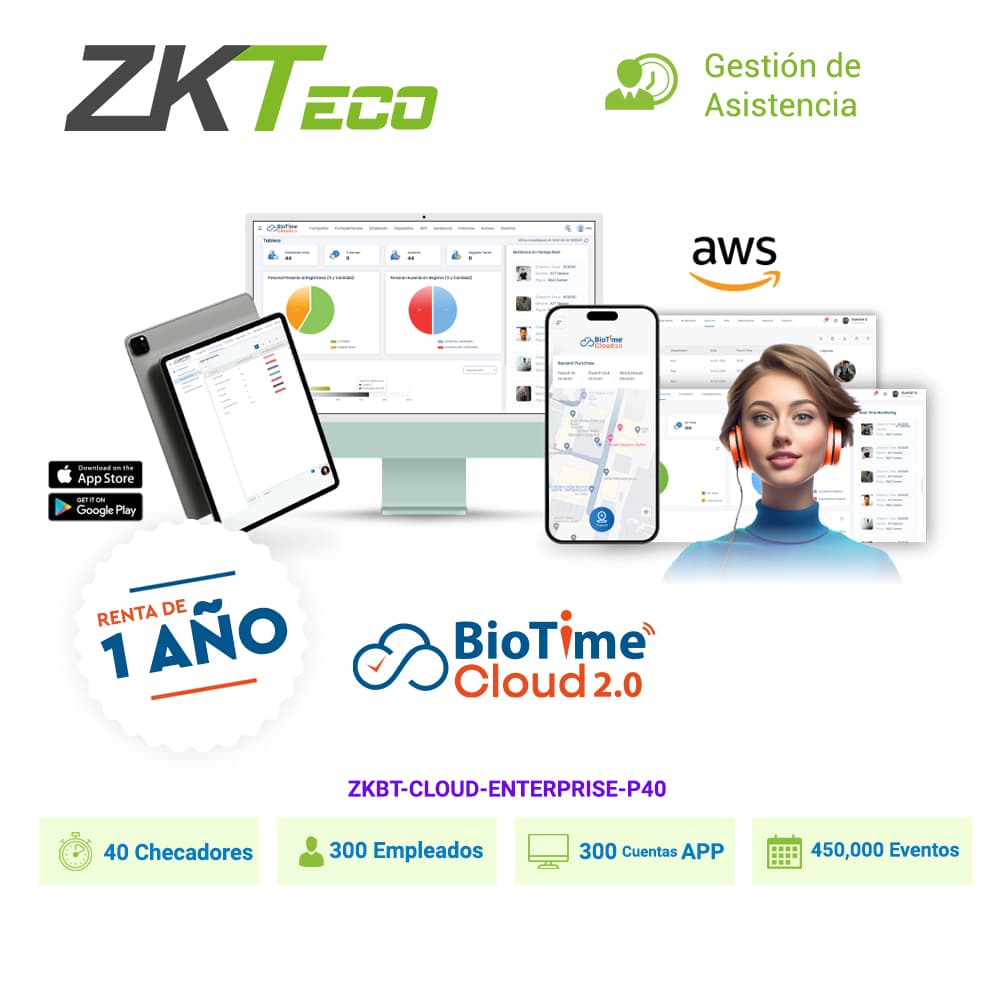 LICENCIA DE ASISTENCIA EN LA NUBE ZKTECO BIOTIME CLOUD ENTERPRISE CAPACIDAD DE 40 CHECADORES, 300 EMPLEADOS, 300 APP, 450,000 EVENTOS / RENTA DE 1 AÑO - Miniatura 2